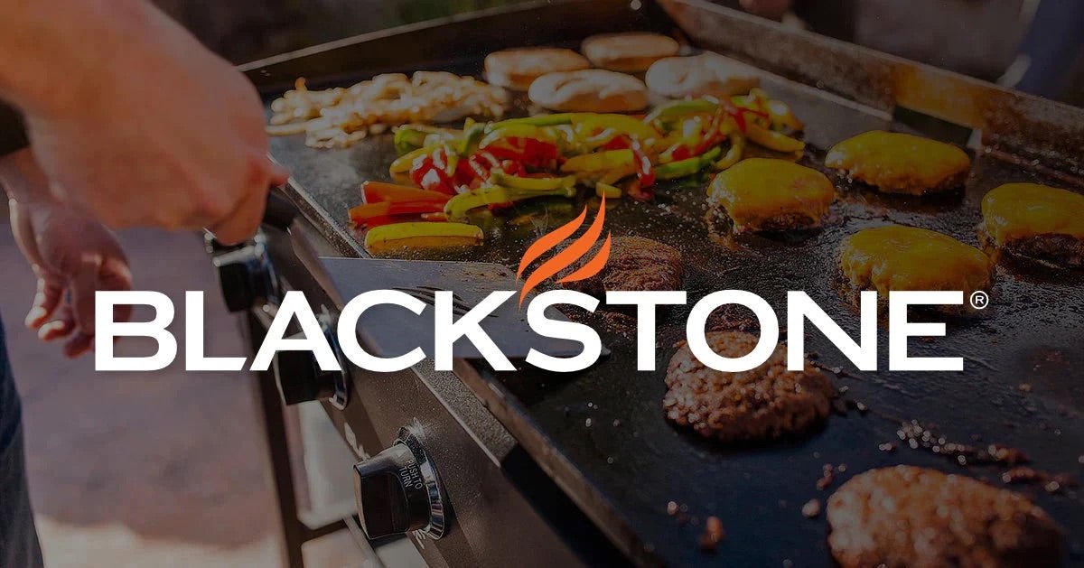 Blackstone logo, jossa hampurilaisten ja vihannesten kypsennystä Blackstone-parilalla.