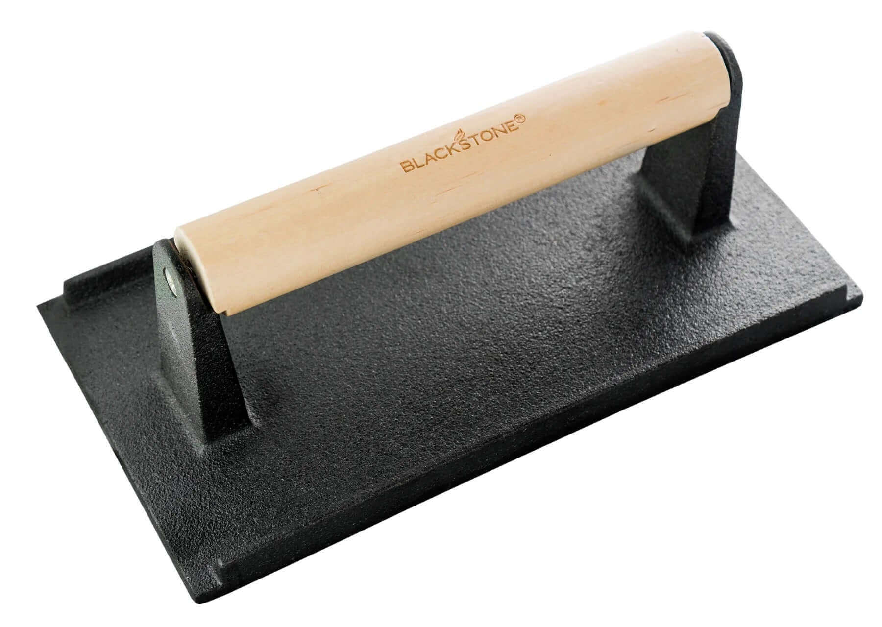 Blackstone Pro aamupalapakkauksen paistinlevyillä käytettävä painorauta, puukahvalla, edestä katsottuna